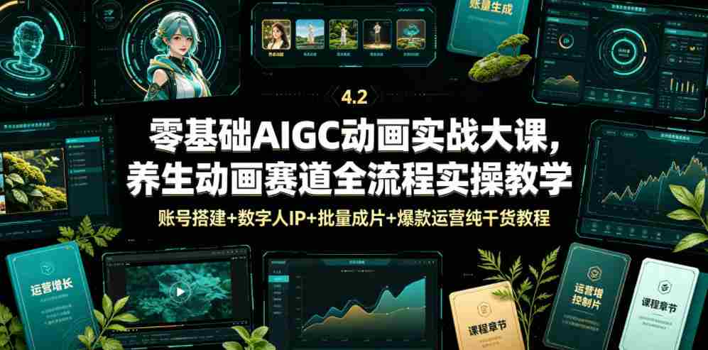 零基础AIGC动画实战大课，养生动画赛道全流程实操教学，账号搭建+数字人IP+批量成片+爆款运营纯干货教程
