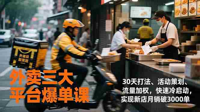 外卖三大平台爆单课，30天打法、活动策划、流量加权，快速冷启动，实现新店月销破3000单