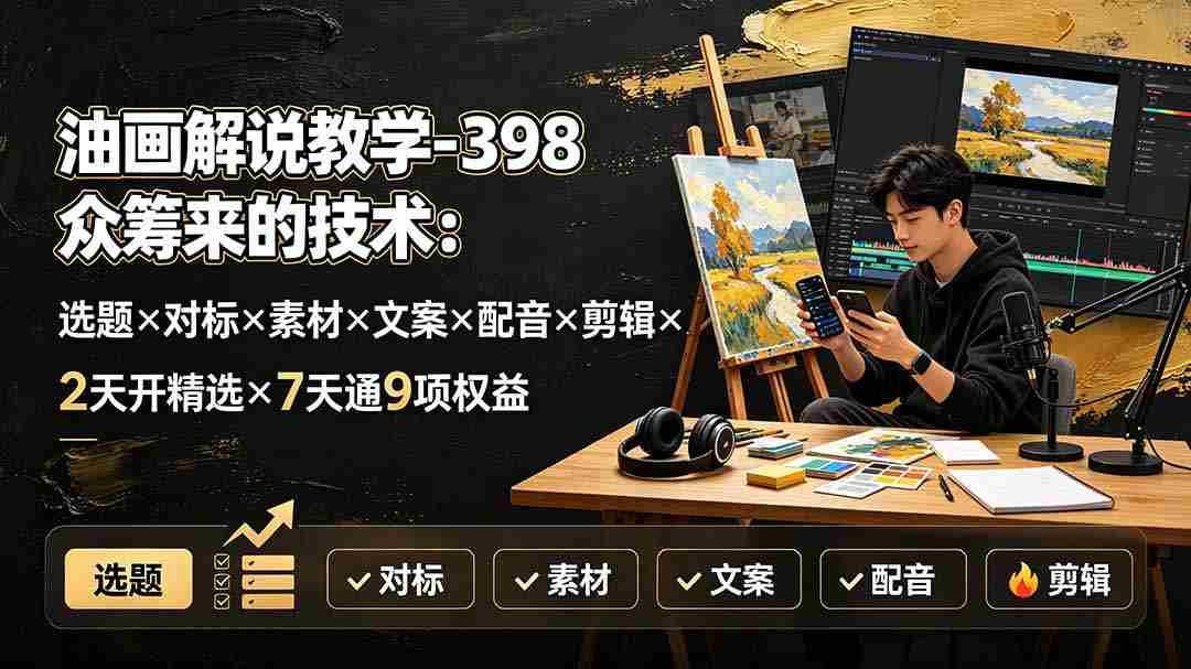 油画解说教学-398众筹来的技术-刯新：选题×对标×素材×文案×配音×剪辑×2天开精选×7天通9项权益