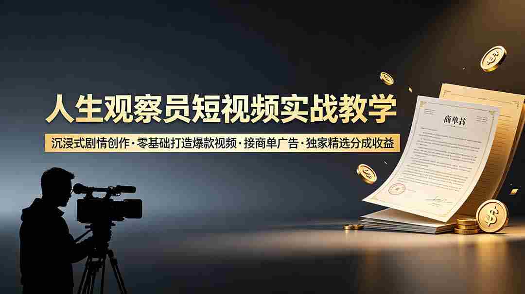 人生观察员短视频实战教学，沉浸式剧情创作，零基础打造爆款视频，接商单广告，独家精选分成收益