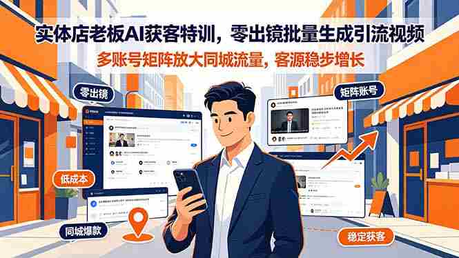实体店老板AI获客特训，零出镜批量生成引流视频，多账号矩阵放大同城流量，客源稳步增长