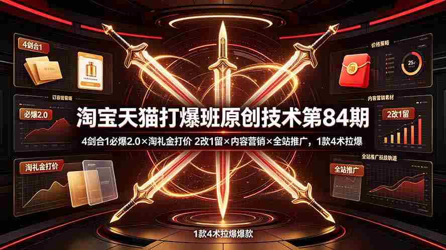 淘宝天猫打爆班原创技术第84期：4剑合1必爆2.0×淘礼金打价×2改1留×内容营销×全站推广，1款4术拉爆