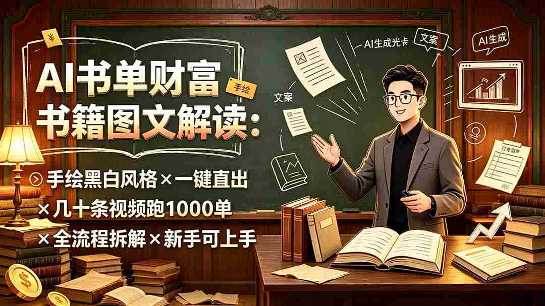 AI书单财富书籍图文解读：手绘黑白风格×一键直出×几十条视频跑1000单×全流程拆解×新手可上手