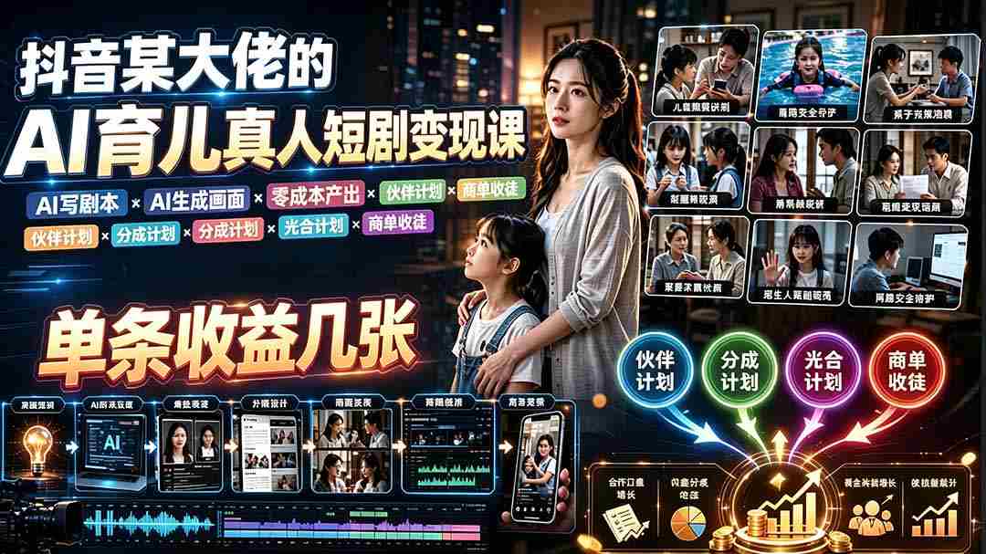 AI育儿真人短剧变现课：AI写剧本×AI生成画面×零成本产出×伙伴计划×分成计划×光合计划×商单收徒
