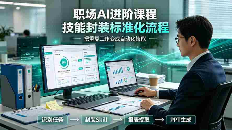 职场AI进阶课程；多类实用Skill工具实操，专属技能封装标准化流程，报表行业报告一键提取核心内容