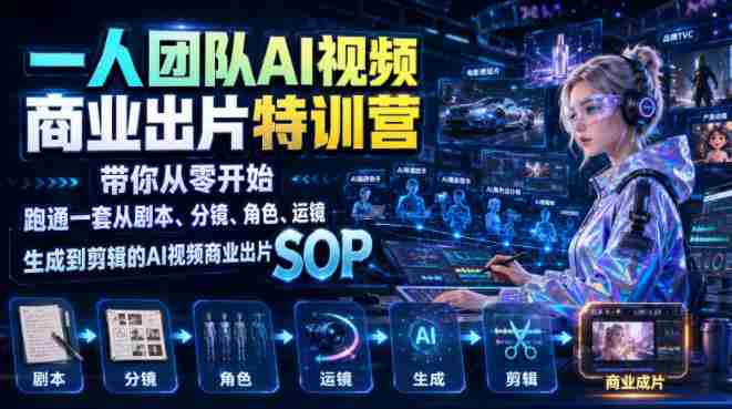 一人团队AI视频商业出片实战课：带你从零开始跑通一套从剧本、分镜、角色、运镜、生成到剪辑的AI视频商业出片SOP