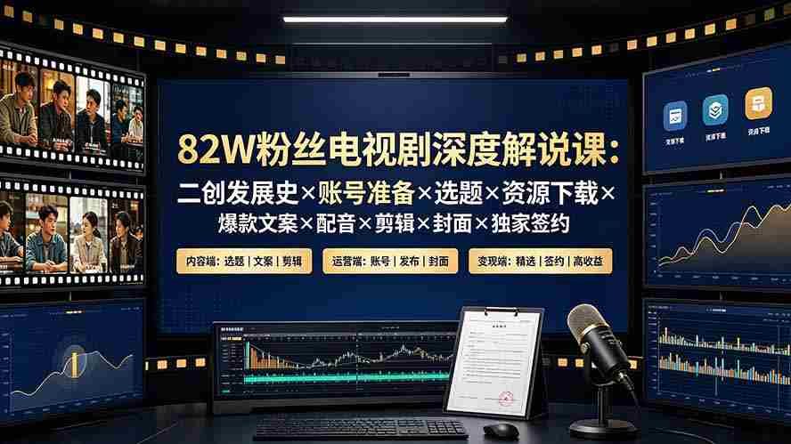 82W粉丝电视剧深度解说课：二创发展史×账号准备×选题×资源下载×爆款文案×配音×剪辑×封面×独家签约