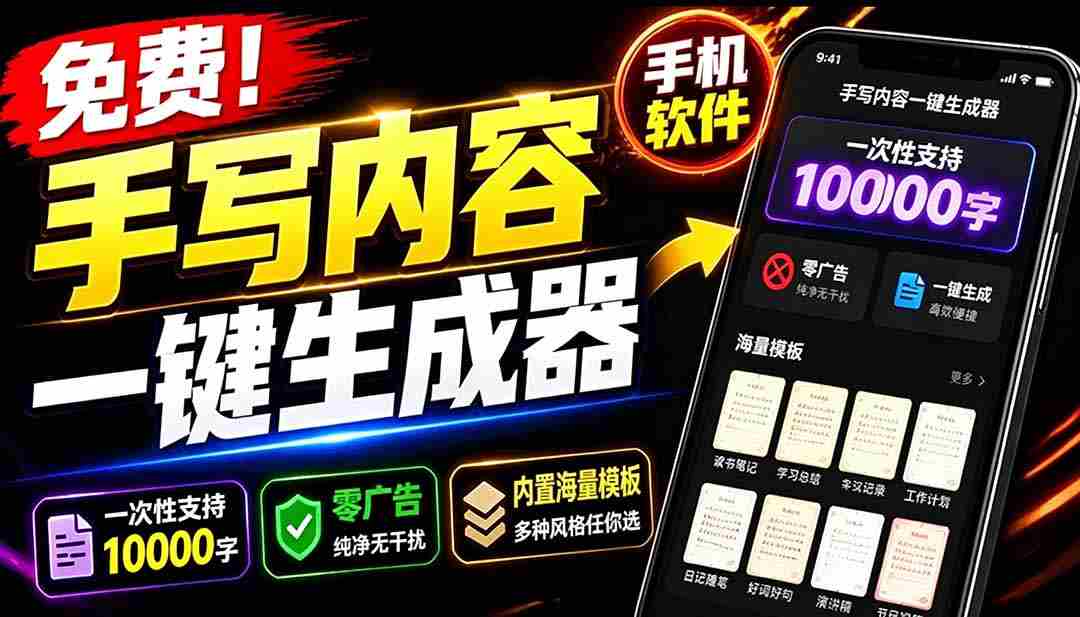 超逼真手写字体一键生成器，纯免费离线运行，一次性支持10000字，零广告，内置海量模板