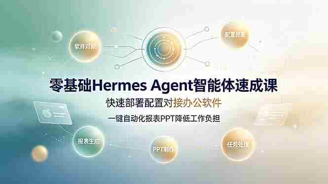 零基础Hermes Agent智能体速成课，快速部署配置对接办公软件；一键自动化报表PPT降低工作负担