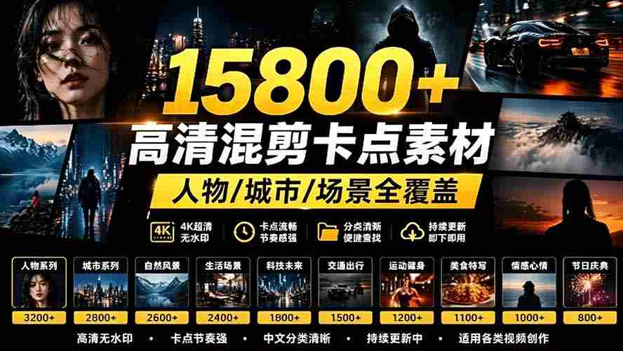 【影视剪辑素材合集】15800+高清混剪卡点｜热门影视精彩片段｜人物/城市/场景全覆盖，中文分类清晰