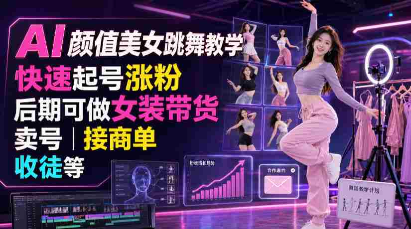 AI颜值美女跳舞教学，快速起号涨粉，后期可做女装带货，卖号，接商单，收徒等