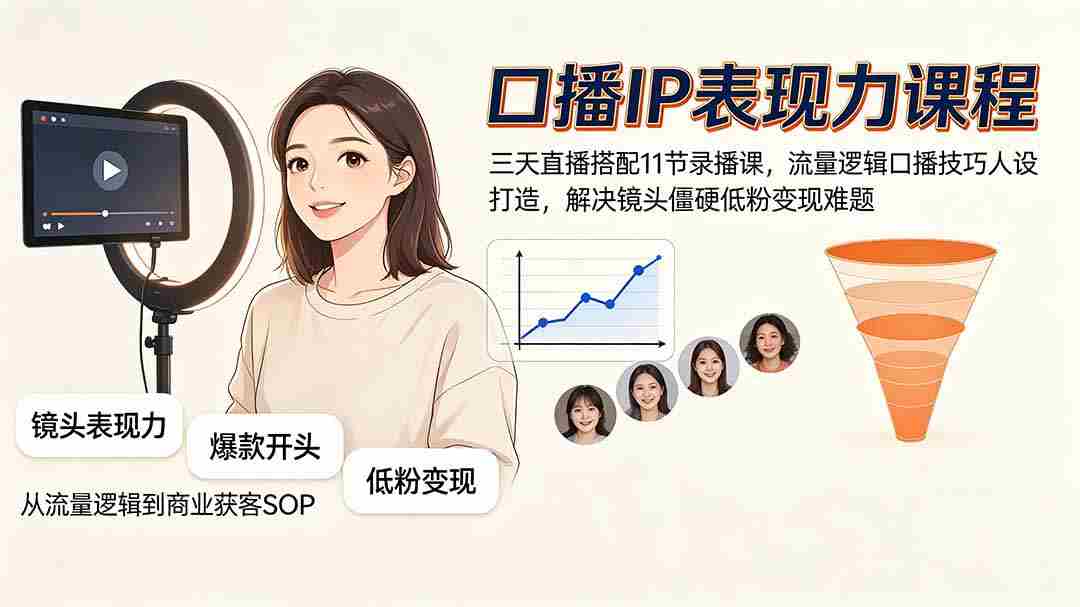 口播IP表现力课程｜三天直播搭配11节录播课，流量逻辑口播技巧人设打造，解决镜头僵硬低粉变现难题