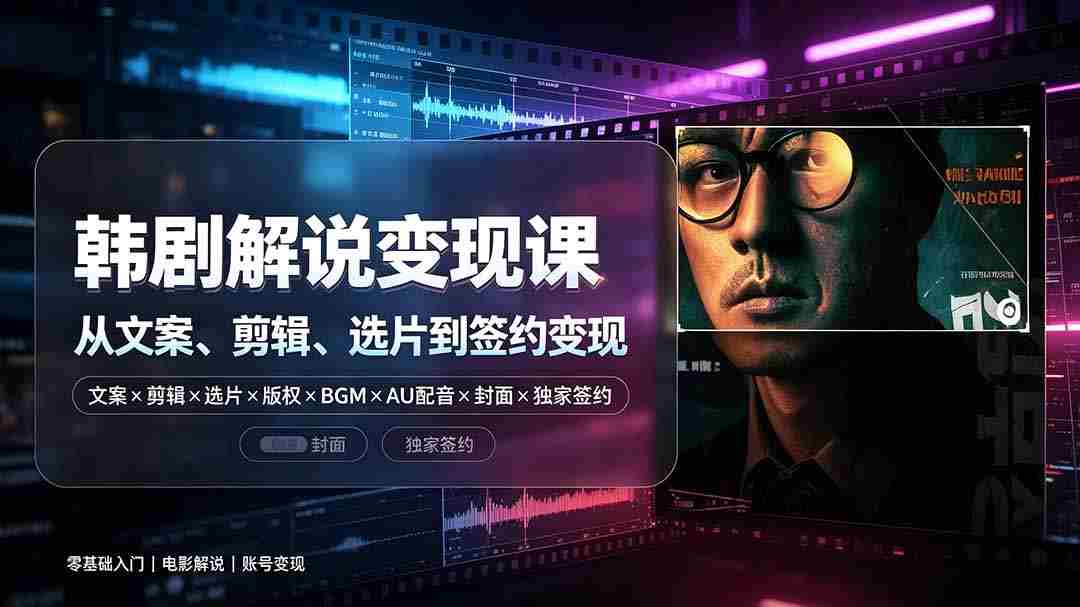 抖音270W粉丝博主亲授韩剧解说课：文案×剪辑×选片×版权×BGM×AU配音×封面×独家签约，零基础到变现