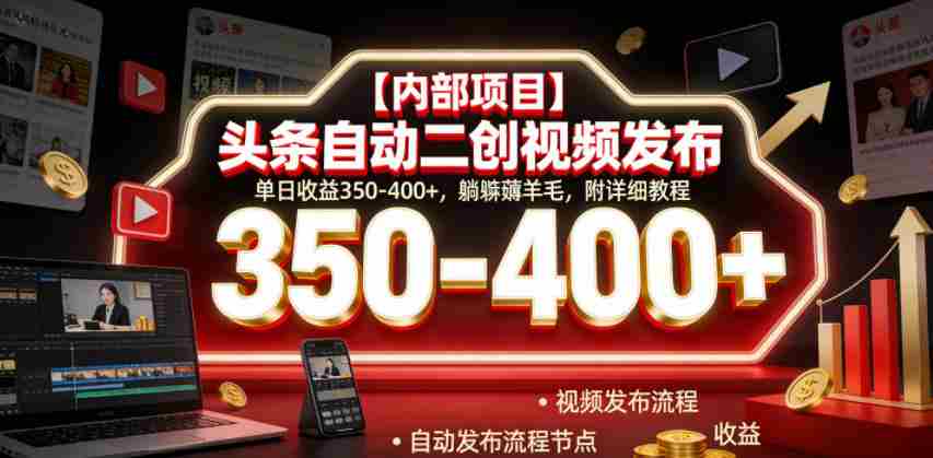 【内部项目】头条自动二创视频发布，单日收益350-400+，躺賺薅羊毛，附详细教程