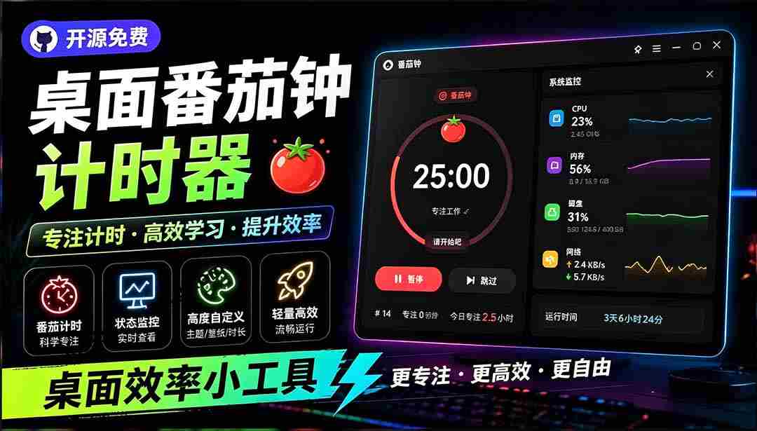 仅1.16MB，开源极简的桌面时钟、番茄钟计时器，还支持系统监控显示，桌面效率小工具 Catime