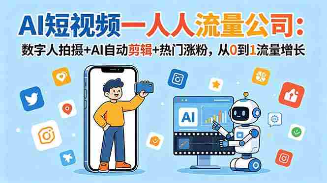 AI短视频一人流量公司：数字人拍摄+AI自动剪辑+热门涨粉，从0到1流量增长