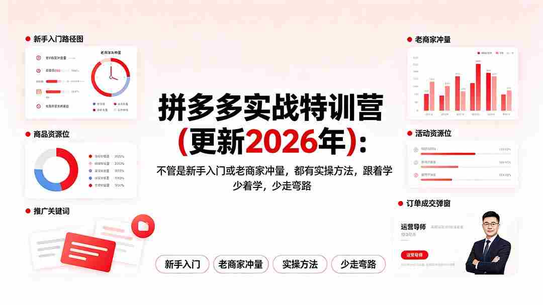 拼多多实战特训营(更新2026年)：不管是新手入门或老商家冲量，都有实操方法，跟着学，少走弯路