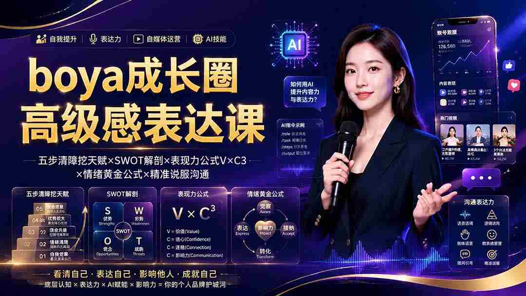 boya成长圈｜内心成长高级表达AI自媒体三合一，消解内耗挖掘天赋，镜头沟通AI指令短视频全流程教学