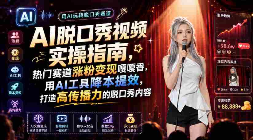 AI脱口秀视频实操指南，热门赛道涨粉变现嘎嘎香，用AI工具降本提效，打造高传播力的脱口秀内容