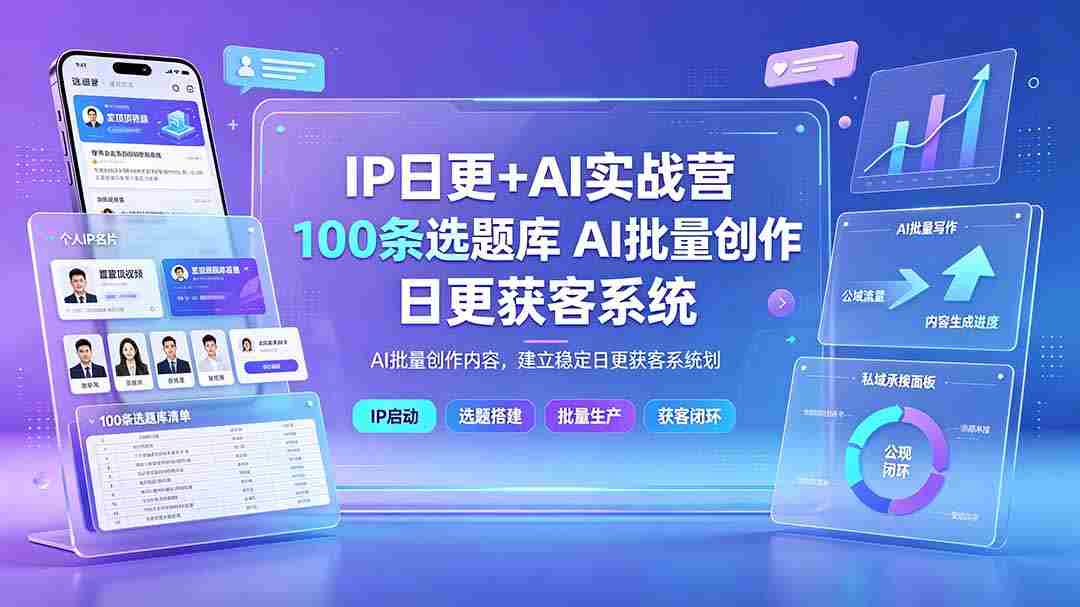 IP日更+AI实战营：IP置顶视频制作×100条选题库搭建×10条日更规划，AI批量创作内容，建立稳定日更获客系统