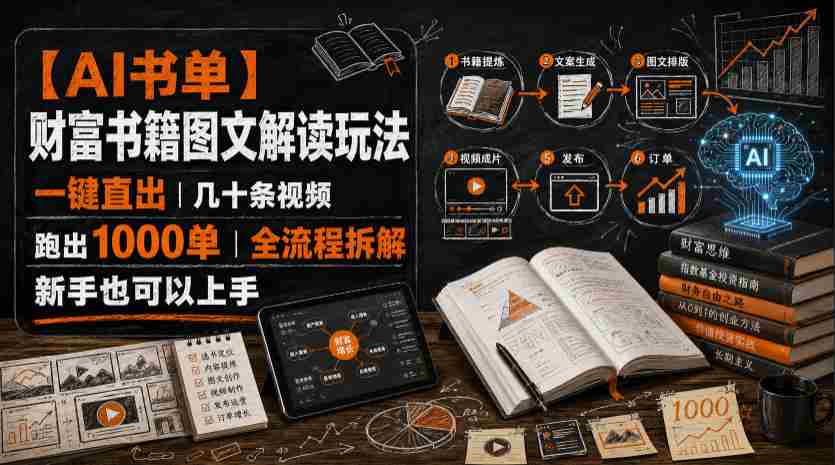 【AI书单】财富书籍图文解读玩法，一键直出，几十条视频，跑出1000单，全流程拆解，新手也可以上手