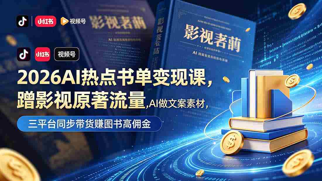 2026AI热点书单变现课，蹭影视原著流量，AI做文案素材，三平台同步带货赚图书高佣金