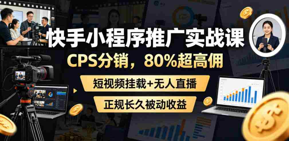 快手小程序推广实战课，CPS分销，80%超高佣，短视频挂载+无人直播，正规长久被动收益