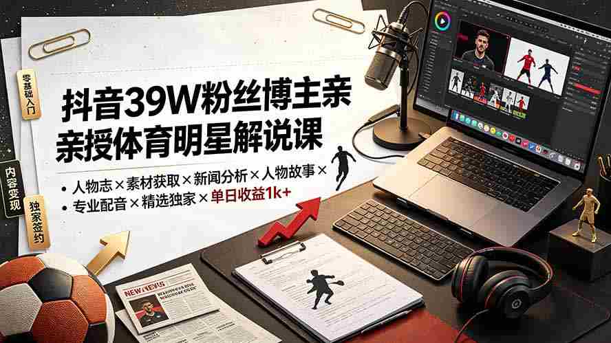 抖音39W粉丝博主亲授体育明星解说课：人物志×素材获取×新闻分析×人物故事×专业配音×精选独家×单日收益1k+