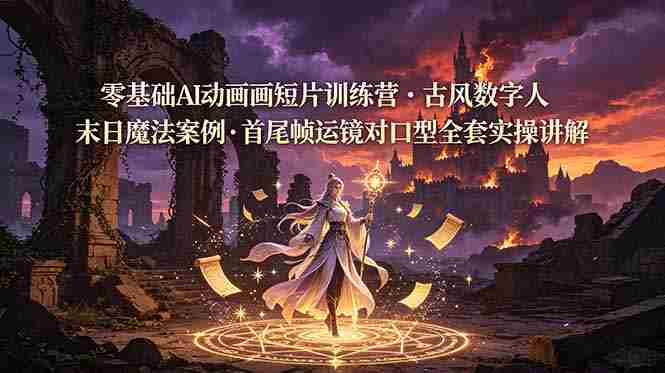 零基础AI动画短片训练营，古风数字人末日魔法案例，首尾帧运镜对口型全套实操讲解