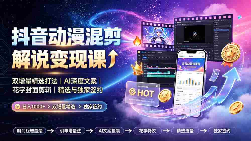 抖音动漫混剪解说变现课：双增量精选打法｜AI深度文案｜花字封面剪辑｜ 精选与独家签约日入1000+
