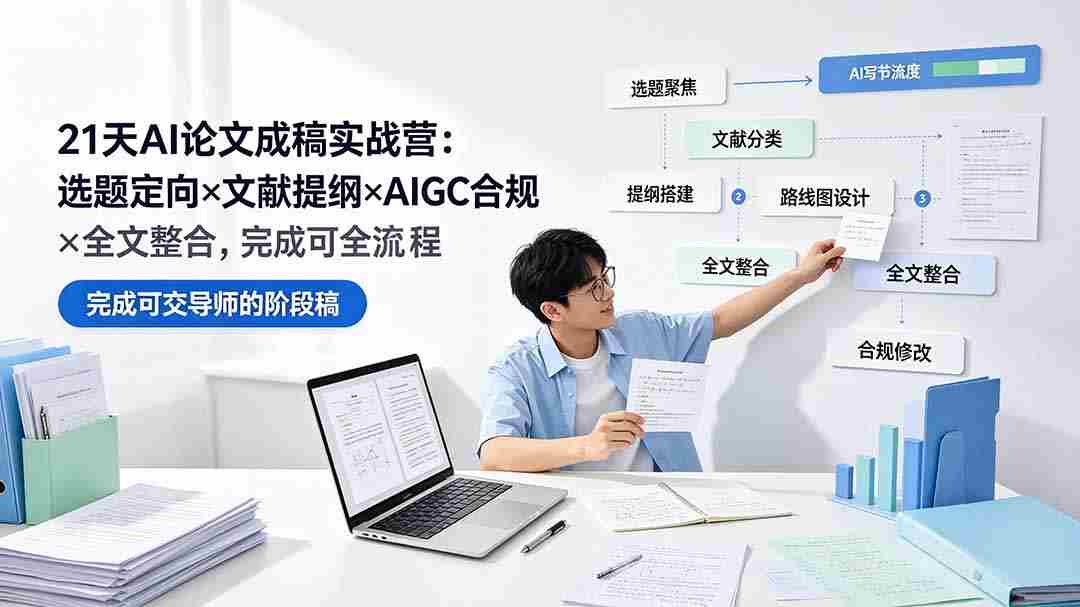 21天AI论文成稿实战营：选题定向×文献提纲×AIGC合规×全文整合，完成可交导师的阶段稿