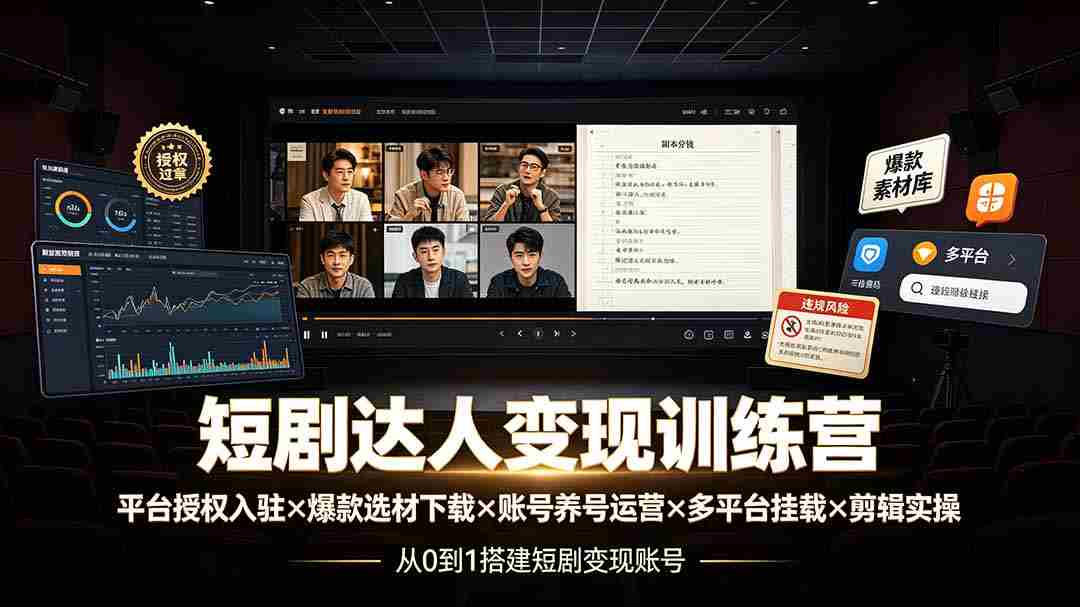 短剧达人变现训练营：平台授权入驻×爆款选材下载×账号养号运营×多平台挂载×剪辑实操×违规处理全流程