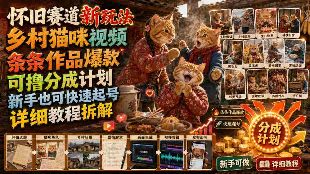 怀旧赛道新玩法，乡村猫咪视频，条条作品爆款，可撸分成计划，新手也可快速起号，详细教程拆解