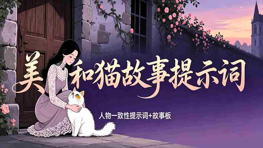 美女和猫故事提示词，人物一致性提示词+故事板