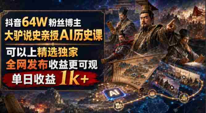 抖音64W粉丝博主大驴说史亲授AI历史课，可以上精选独家，全网发布收益更可观，单日收益1k+