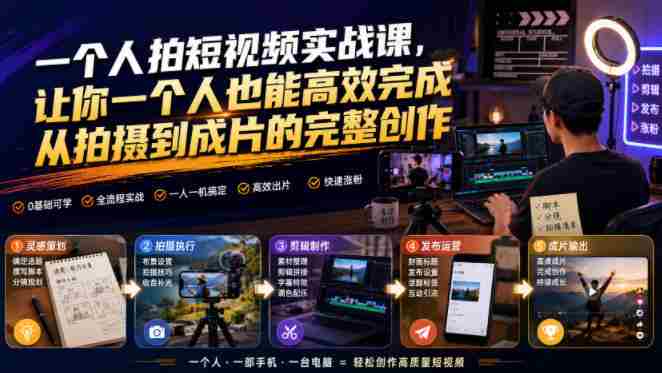一个人拍短视频实战课，让你一个人也能高效完成从拍摄到成片的完整创作