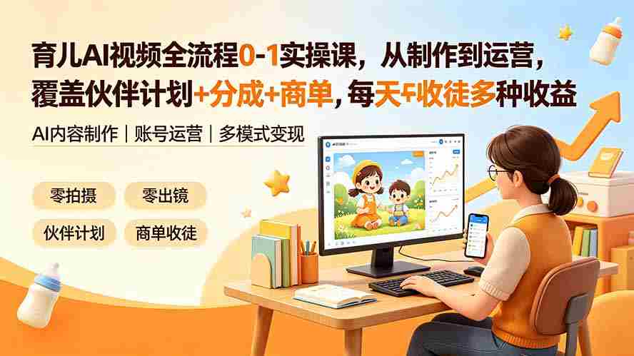 育儿AI视频全流程0-1实操课，从制作到运营，覆盖伙伴计划+分成+商单+收徒多种收益，每天500+收益
