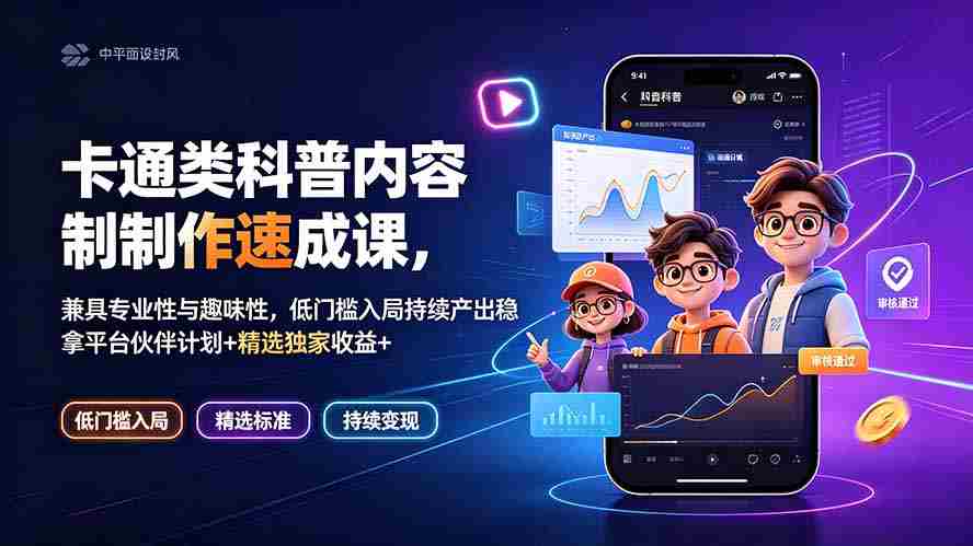 卡通类科普内容制作速成课，兼具专业性与趣味性，低门槛入局持续产出稳拿平台伙伴计划+精选独家收益