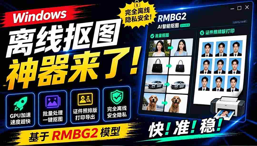 Windows离线抠图神器来了！支持批量抠图 + 证件照排版打印，基于RMBG2模型，GPU加速 方块AI抠图