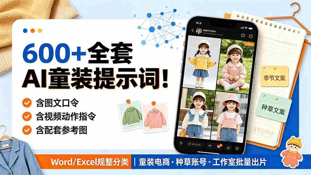 600+全套AI童装提示词！含图文口令+视频动作指令+配套参考图，Word/Excel规整分类，童装电商、种草无脑量产内容