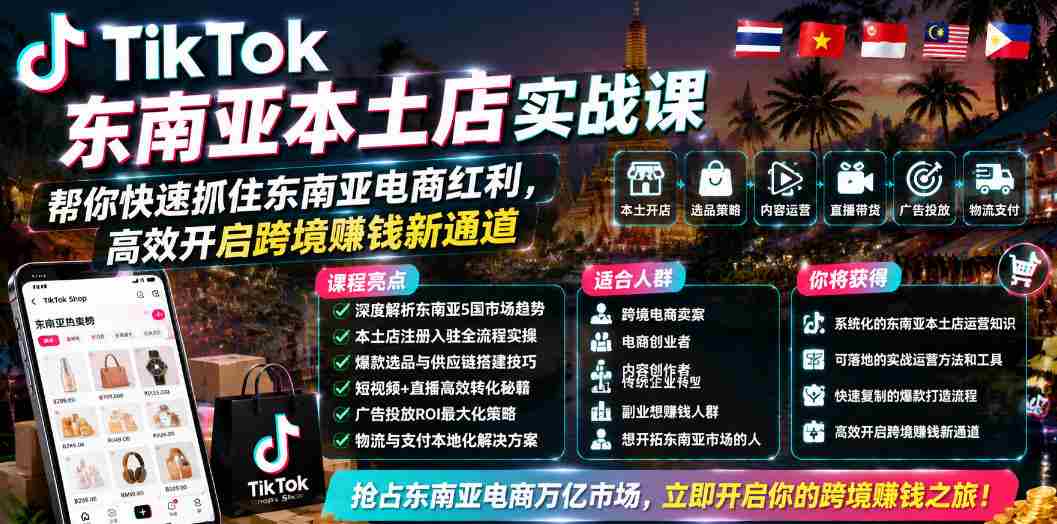TikTok东南亚本土店实战课，帮你快速抓住东南亚电商红利，高效开启跨境賺钱新通道