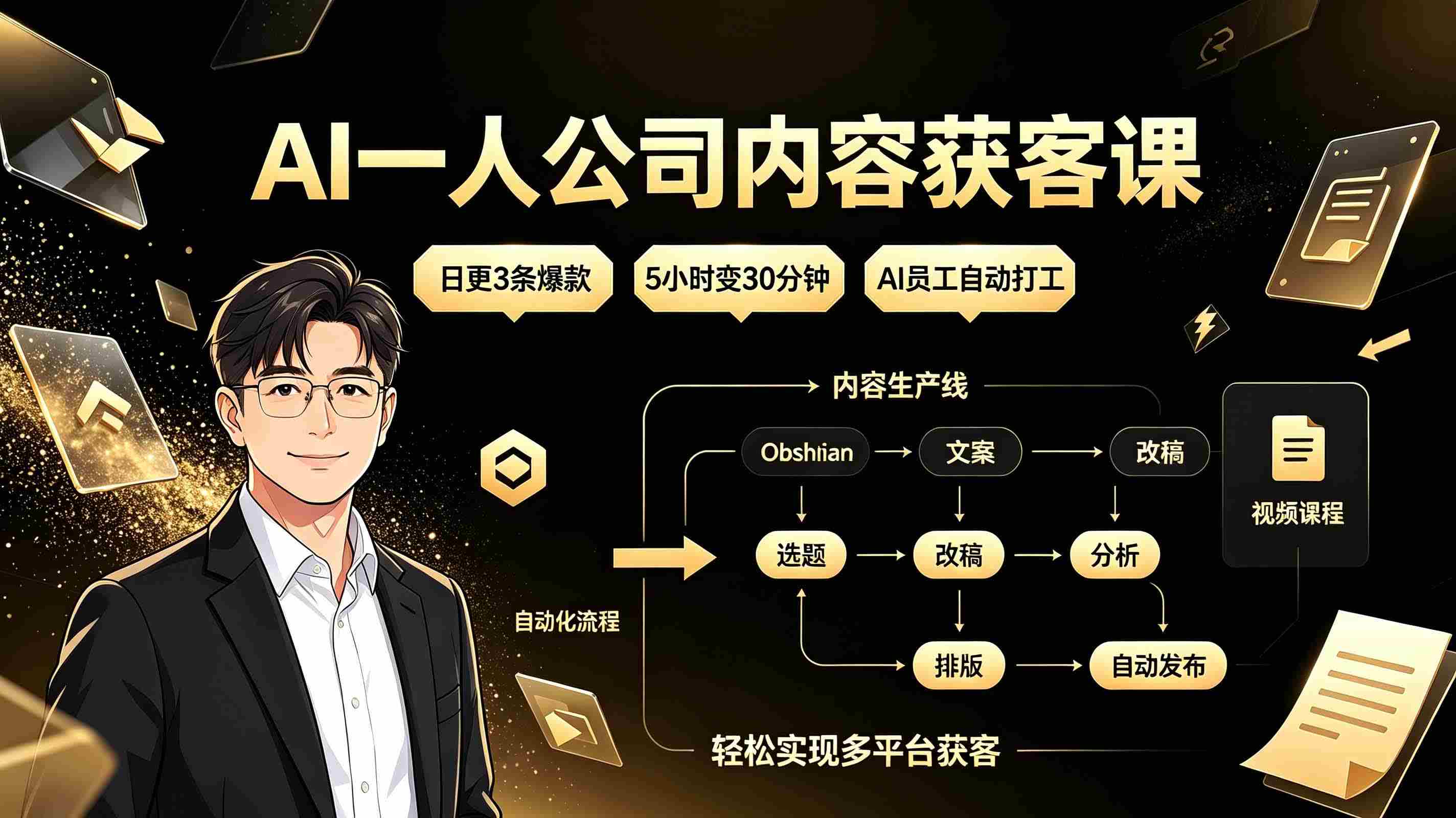 AI一人公司内容获客课：日更3条爆款×5小时变30分钟×AI员工自动打工，轻松实现多平台获客