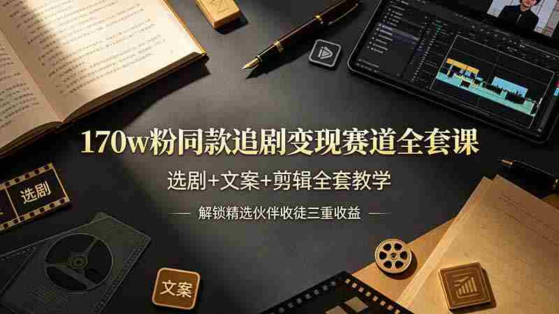 170w粉博主同款追剧变现赛道全套课，选剧+文案+剪辑全套教学，解锁精选伙伴收徒三重收益