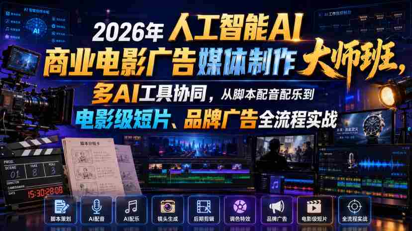 2026年人工智能AI商业电影广告媒体制作大师班，多AI工具协同，从脚本配音配乐到电影级短片、品牌广告全流程实战（中英字幕）