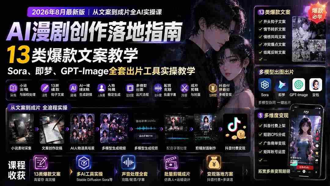 AI漫剧创作落地指南｜13类爆款文案教学，Sora、即梦、GPT-Image全套出片工具实操教学
