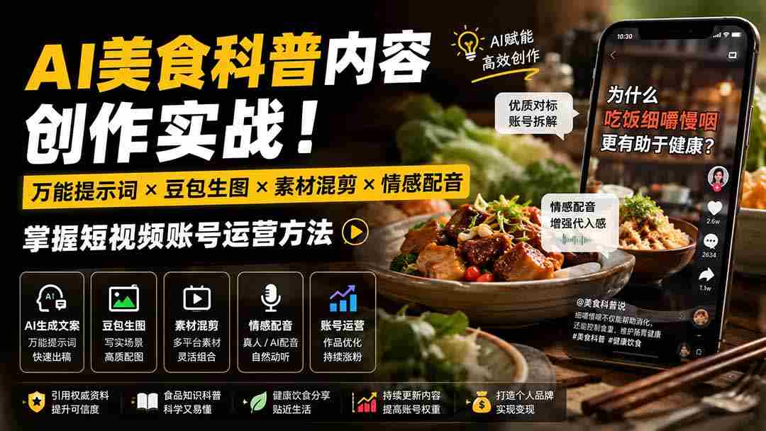 外面卖199元-AI美食科普内容创作实战！万能提示词×豆包生图×素材混剪×情感配音，掌握短视频账号运营方法