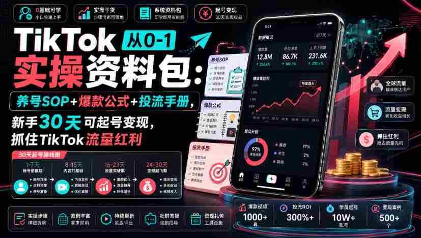 TikTok从0-1实操资料包：养号SOP+爆款公式+投流手册，新手30天可起号变现，抓住TikTok流量红利