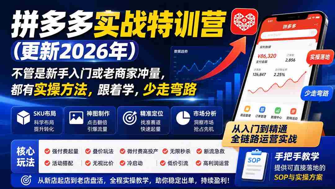 拼多多实战特训营(更新26年0821)：不管是新手入门或老商家冲量，都有实操方法，跟着学，少走弯路