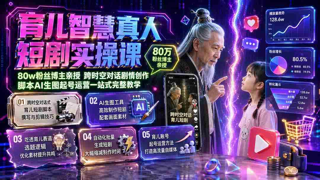 育儿智慧真人短剧实操课｜80w粉丝博主亲授，跨时空对话剧情创作，脚本AI生图起号运营一站式完整教学