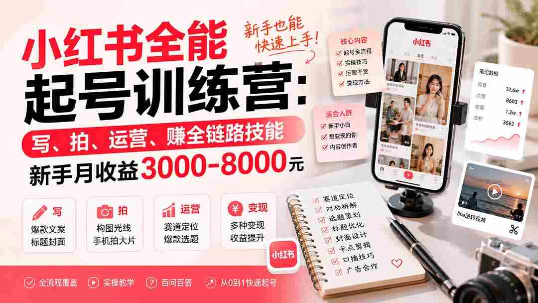 小红书全能起号训练营-更新：写、拍、运营、赚全链路技能，新手月收益3000-8000元